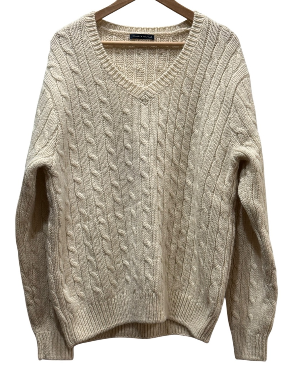 Brandy Melville 90% Wool Cream Cable Knit V Neck Sweater Oversized Preppy L